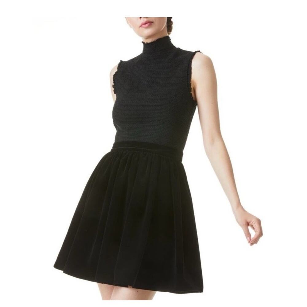 $495 Alice + Olivia Women's Black Velvet Smocked High Neck A-Line Dress Size 8 - Picture 1 of 12